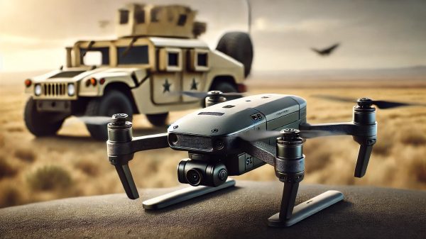 Na pierwszym planie dron, z tyłu samochód wojskowy