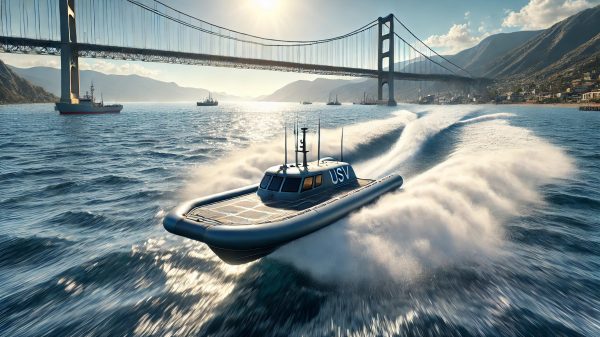 Łódź patrolowa płynąca w zatoce, przy moście. W tle góry. Obraz wygenerowany przez AI