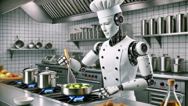 Kucharz - robot stojący w kuchni przy garnkach i patelni. W trakcie gotowania. Obraz wygenerowany przez AI