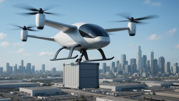 Dron lecący nad miastem unoszący skrzynię przyczepioną do jego dolnej części