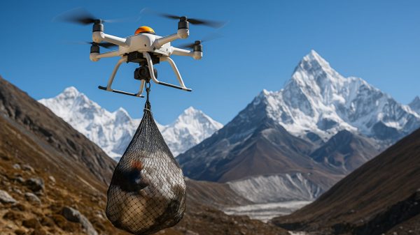 Dron z workiem wypełnionym śmieciami na tle wysokiej góry