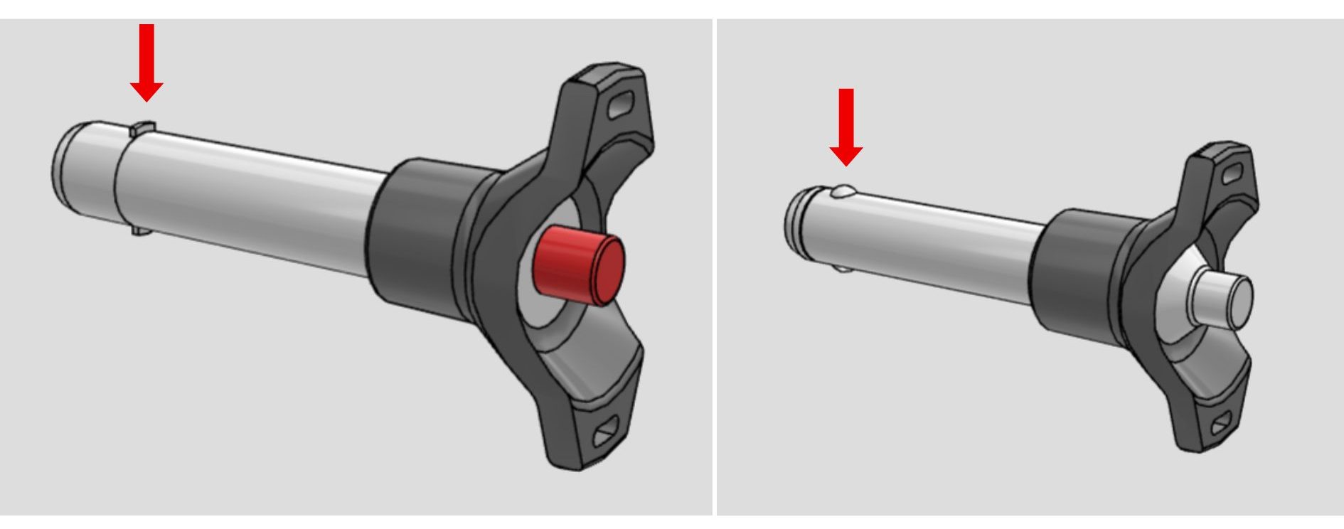 Od lewej, trzpień montażowy GN 114.7 posiadający płetwy do blokady osiowej, trzpień montażowy GN 113.8, gdzie blokada osiowa jest realizowana za pomocą kulek